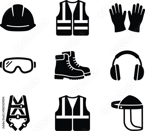 Personal protective equipment icon set with hard hat, vest, gloves, goggles, boots, earmuffs, harness, and face shield