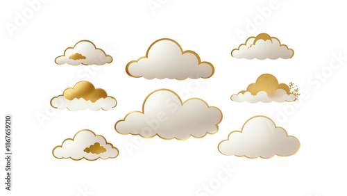 Chinese 3D paper-cut style cloud decoration with gold-colored autumn leaves. 