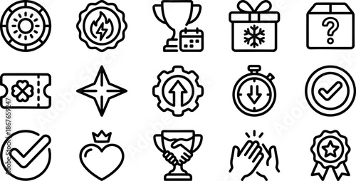 Gamification Achievement and Reward UI Line Icons Set, Success and Engagement Outline Symbols