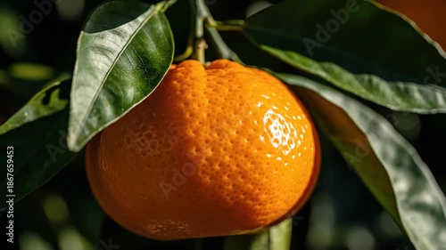 Bright ripe orange hanging on a tree branch in a citrus orchard. Concept of fresh fruit and nature