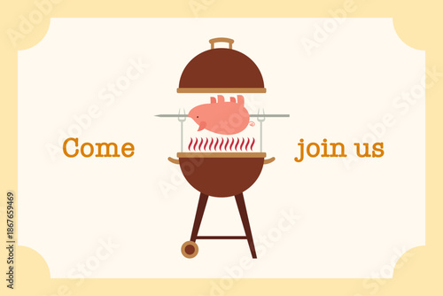 Barbecue invitation illustration with bbq grill whole pig on spit cooking skewers and come join us text