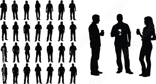 Business people silhouettes set socializing and networking with drinks, casual meeting, communication, teamwork, corporate lifestyle, black white illustrationWeb