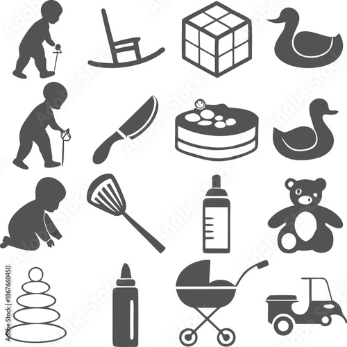 Vector set of baby and kitchen cleaning icons with cooking and restaurant symbols