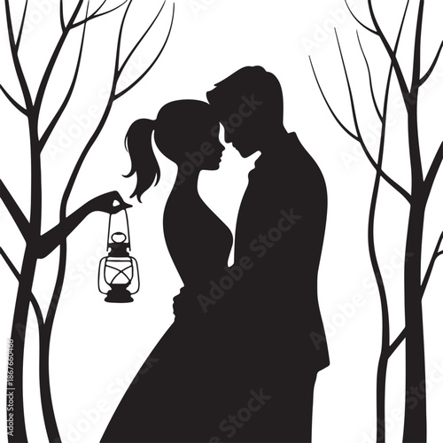 Couple in Forest with Lantern Silhouette