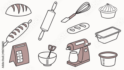 Bakery Equipment Icons Set Dough Mixer Rolling Pin Whisk for Pastry Shop Menu Design