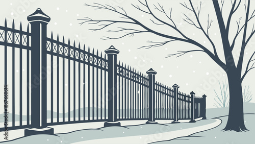 Monochromatic Winter Snow Scene with Tall Wrought Iron Fence and Barren Tree for Property Security or Cemetery Design Background