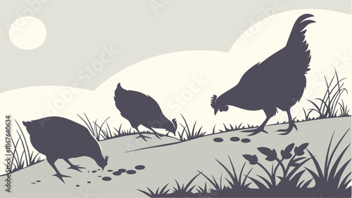 Silhouette of Chickens Foraging for Feed Outdoors on Grassy Hillside for Farm Agriculture or Poultry Industry Web Design