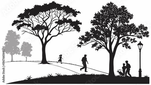 Silhouetted Families Strolling Through Sunny Park Path with Trees and Lamppost for Leisure and Lifestyle Design