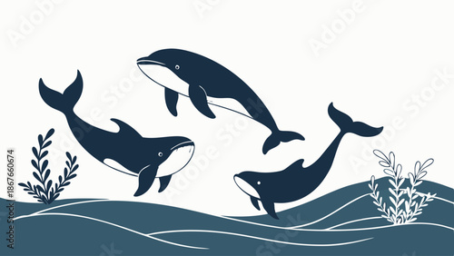 Three Playful Dolphins Swimming in Deep Blue Ocean Waves with Seaweed for Nature Education and Marine Life Web Design Projects