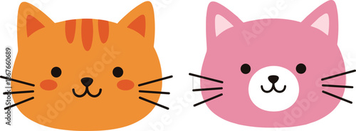 Cute cat faces cartoon illustration set, orange and pink kittens, adorable animal icons, playful kids design, simple flat style artwork