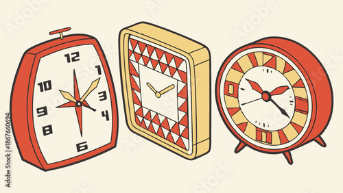 Retro Alarm Clocks Collection Time Management Schedule Planning Vintage Web Design Elements