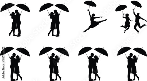Couples and people silhouettes with umbrellas set, love, joy and movement in rain, romantic lifestyle moments, black white illustrationWeb