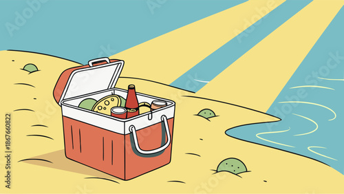 Beach Cooler Packed With Cold Drinks and Snacks Ready for Summer Vacation Relaxation and Outdoor Refreshment