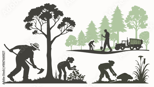 Forestry Workers Planting Trees and Landscaping Outdoors for Reforestation and Environmental Conservation Projects
