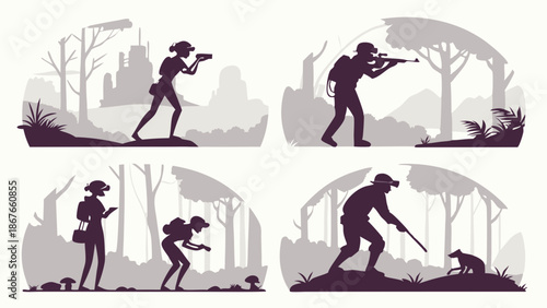 Wildlife Exploration and Research Silhouettes Four Scenes of Adventurers Tracking Animals and Nature Study for Outdoor Adventure Design
