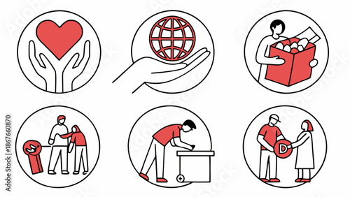 Charity Icons Set Hands Holding Heart Globe Donating Goods Volunteering Community Service for Non-Profit Web Design