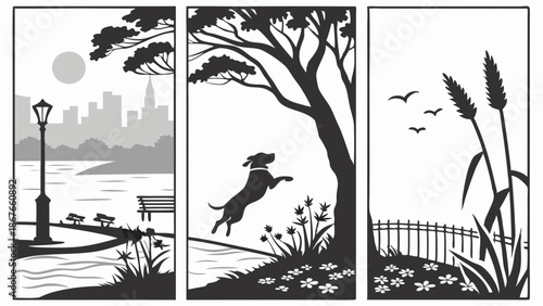 Black and White Park Scenes Silhouette Dog Jumping Cityscape Nature Grass for Summer Outdoor Recreation Web Design Banners
