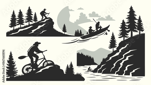 Outdoor Adventure Sports Silhouette Set Mountain Biking Hiking Kayaking for Travel Tourism Web Design Banners