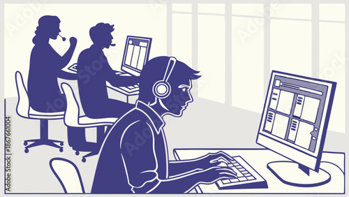 Focused Customer Support Agents Working in Call Center Wearing Headsets Typing on Computers for Tech Service or Sales Team