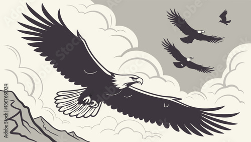 Majestic Bald Eagles Soaring High Above Mountain Peaks Symbolizing Freedom Success and American Spirit for Web Design