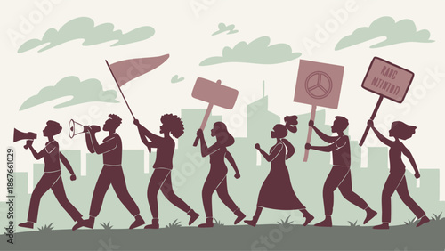 Diverse Group Protesting for Social Justice and Peace Holding Signs and Megaphones in City Silhouette Illustration