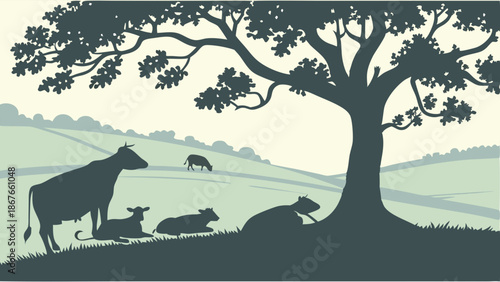 Pastoral Summer Countryside Silhouette Scene with Cows Grazing Under Shade Tree for Agriculture and Rural Lifestyle Design Projects