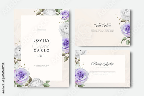 wedding invitation card set template with roses flower watercolor decoration

