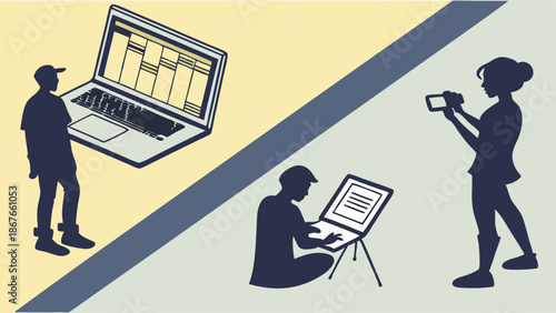 Digital Content Creation Split Scene People Using Laptop for Data Analysis and Filming Video for Online Media Projects