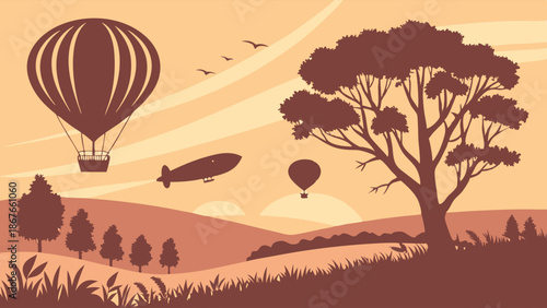 Vintage Hot Air Balloon and Airship Flying Over Sunset Landscape for Travel Adventure Web Design Background
