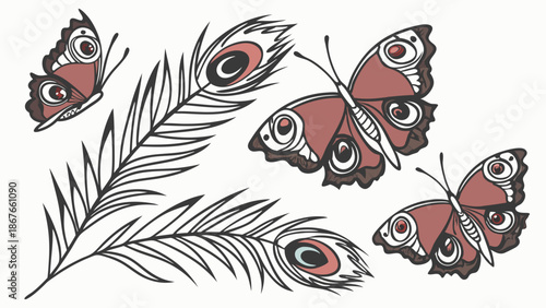 Peacock Feather and Butterfly Illustration for Elegant Tattoo Design Wedding Invitation Print Decor