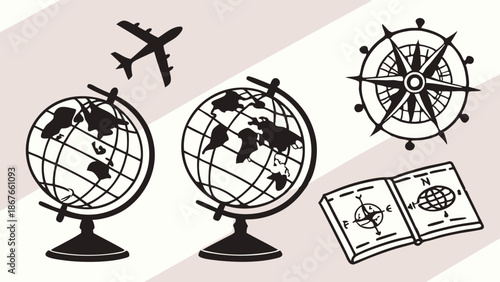 Travel Planning Icons Globe Airplane Compass Map for Tourism Education Adventure Vacation Design Elements