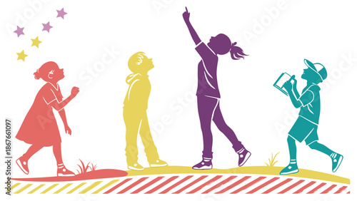 Diverse Children Looking Up at Stars Outdoors for Science Education or Summer Camp Inspiration