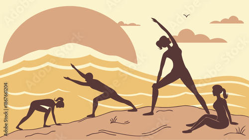 Silhouetted People Practicing Yoga Stretches on Beach Sunrise for Wellness Website Banners and Health App Graphics