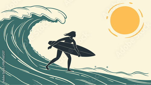 Silhouette of Surfer Woman Running Toward Huge Ocean Wave Under Bright Summer Sun for Adventure Travel Web Design