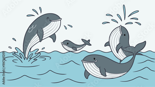Joyful Whale Family Breaching and Splashing in Blue Ocean Waves for Nature Education and Marine Life Illustration