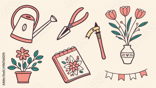 Charming Garden Tools Watering Can Flowers Notebook for Spring Home Decor Website Banner Design