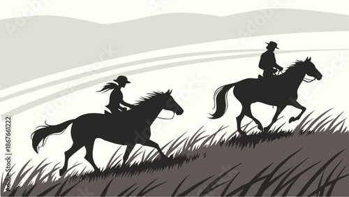 Two Riders Galloping Horses Uphill Through Tall Grass Landscape for Adventure Travel and Outdoor Recreation Themes