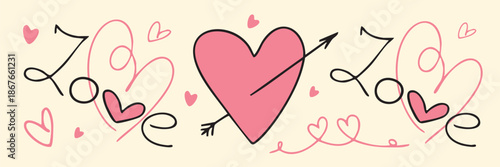 Valentine’s Day banner with love lettering, hearts, arrows and playful doodle elements in soft pink tones