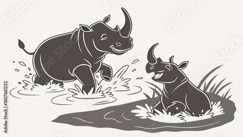Joyful Mother Rhino and Baby Playing in Water for Wildlife Conservation Education Materials and Family Fun Projects