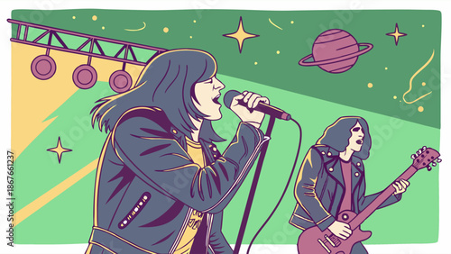 Energetic Rock Band Performing Live Concert on Stage with Cosmic Space Background for Music Promotion and Event Flyers