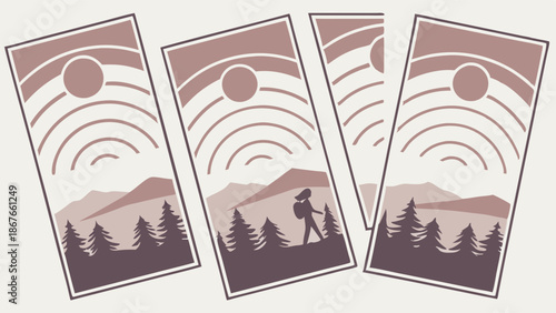 Outdoor Adventure Hiking Cards Showing Mountain Landscape and Sun Signal for Travel Blog Web Design or Vacation Promotion
