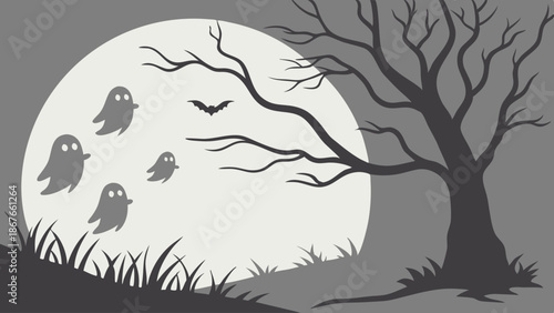 Spooky Halloween Night Scene with Flying Ghosts Bats and Haunted Tree Silhouette for Holiday Design Projects