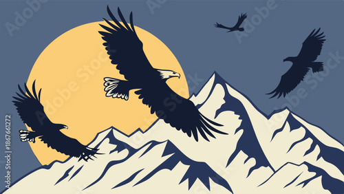 Majestic Bald Eagles Soaring Over Rugged Mountain Peaks at Sunrise for Adventure Travel Web Design and Nature Branding