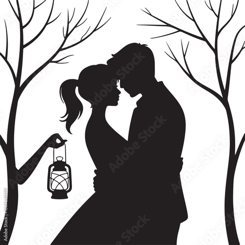 Couple in Forest with Lantern Silhouette
