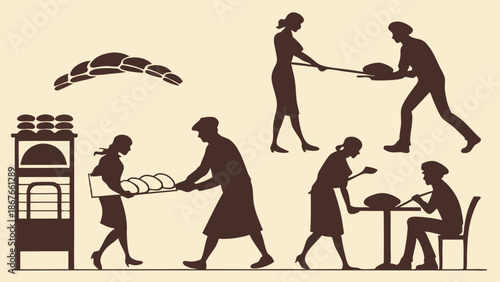 Artisan Bakers Working in Bakery Kitchen Loading Oven Serving Fresh Bread for Restaurant Food Service Industry