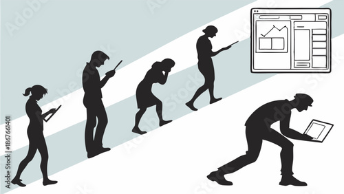 Silhouettes of People Walking Uphill Glued to Smartphones and Laptops Facing Digital Interface for Web Design Progress Tracking
