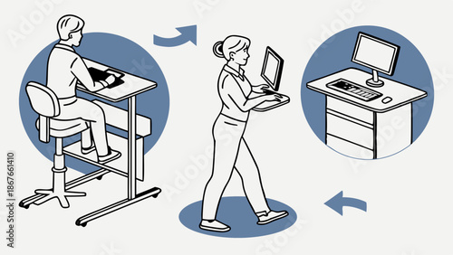Office Worker Alternating Sitting and Standing Desk Postures Promoting Ergonomic Health and Active Workstation Flexibility