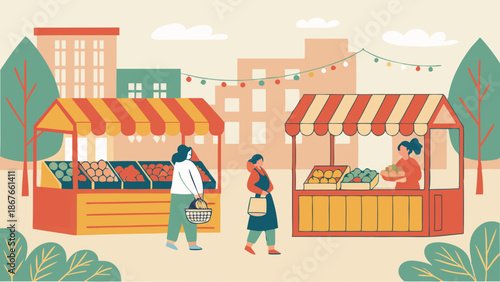 Outdoor Farmers Market Scene with Shoppers Buying Fresh Produce from Stalls for Healthy Summer Groceries and Local Commerce