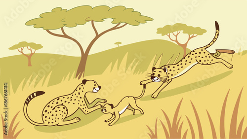 Playful Cheetah Family Cubs Interacting in Sunny African Savannah Grassland Wildlife Scene for Nature Education Content