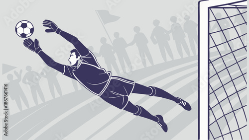 Goalkeeper Diving Save Soccer Ball Near Goal Net Sports Competition Victory Goal Line Defense Web Banner